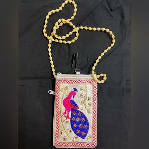 Handmade Silk Mobile Phone Bag with Neck Strap Zipper Embroidered With Peacock